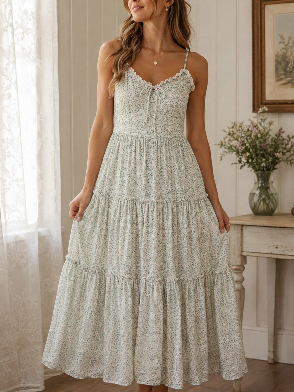 Altar'd State Sage Floral Smocked Tiered Maxi Dress